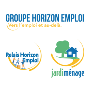 Logos du Groupe Horizon Emploi, qui englobe les logos de Relais Horizon Emploi et de Jardiménage.