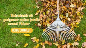 Image de couverture représentant un rateau qui ratisse des feuilles d'automne sur une pelouse. Le titre de l'article est rappelé : "Entretenir et préparer votre jardin avant l'hiver - Guide complet"